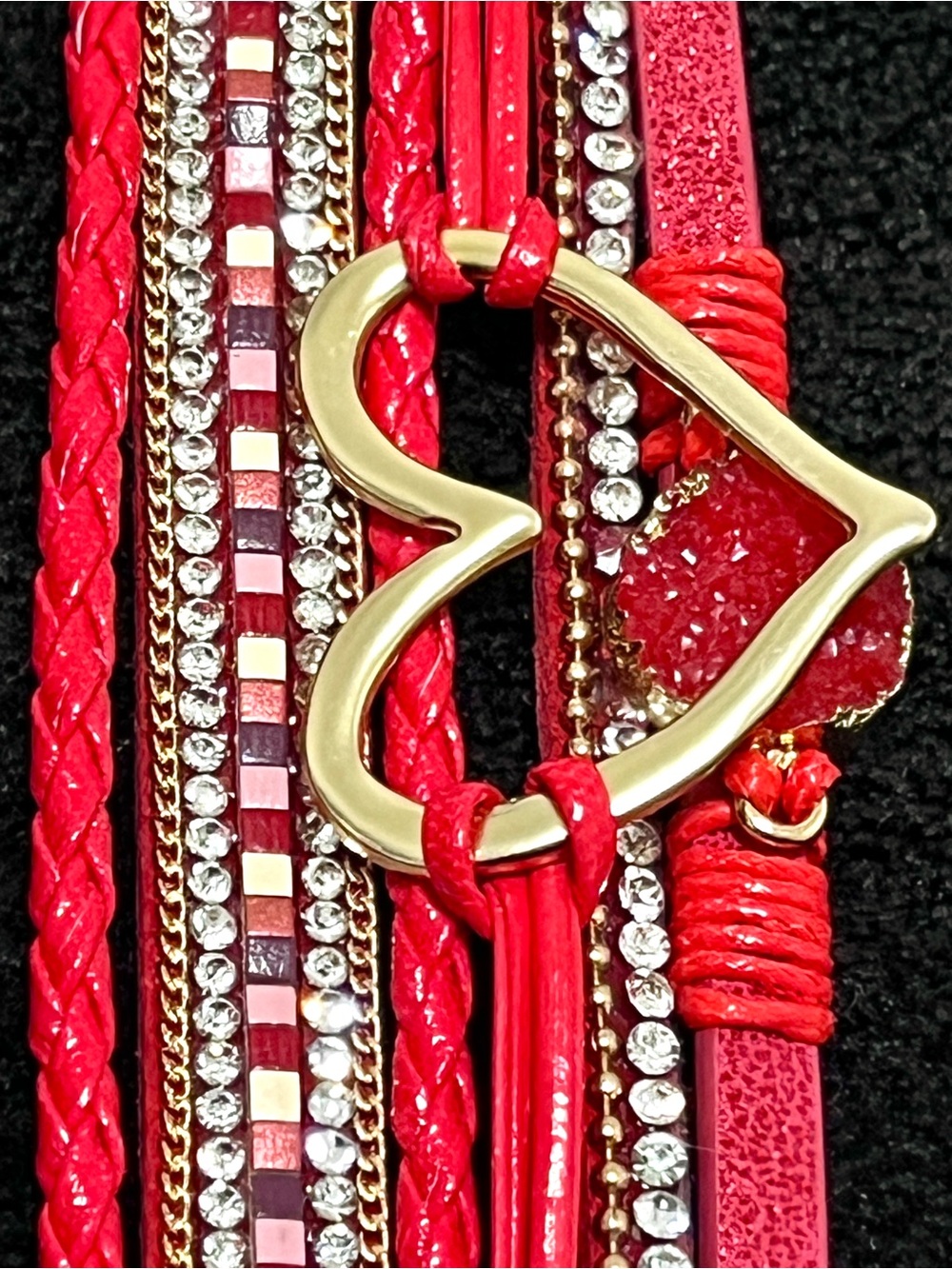 Boho Red Layered Leather Cuff Boutique Magnetic Bracelet Gold Heart Druzy Clasp - Picture 5 of 5